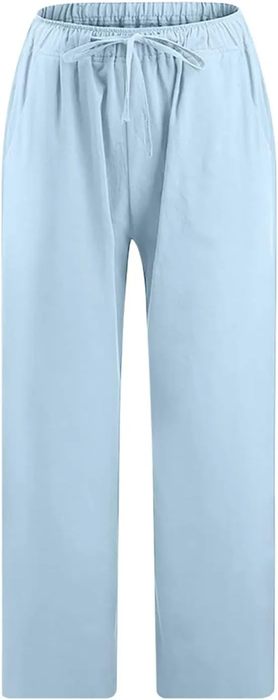 Womens Capri Pants Casual Cotton Linen Pants Plus Size Summer Pants Wide Leg Pants Drawstring Elastic Waist Pants