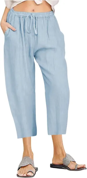 Womens Capri Pants Casual Cotton Linen Pants Plus Size Summer Pants Wide Leg Pants Drawstring Elastic Waist Pants