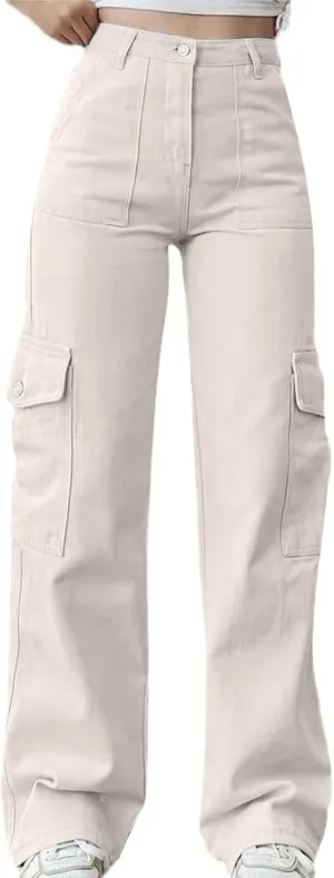Womens Cargo Pants High Waist Baggy Cargo Jeans Flap Pocket Denim Pants Casual Straight Leg Trousers Y2K Streetwear