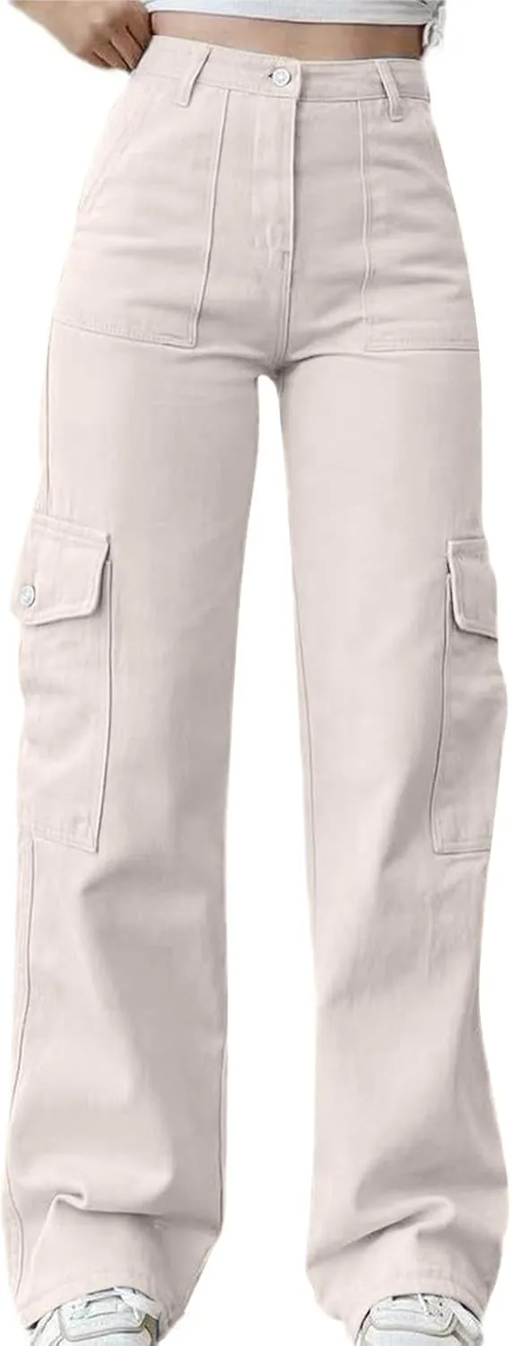 Womens Cargo Pants High Waist Baggy Cargo Jeans Flap Pocket Denim Pants Casual Straight Leg Trousers Y2K Streetwear