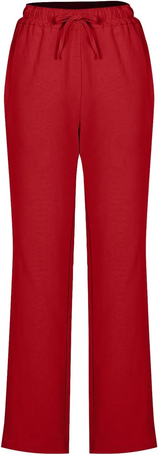 Womens Casual Cotton Linen Pants Summer Lightweight Relax Fit Elastic Waist Solid Lounge Long Trousers