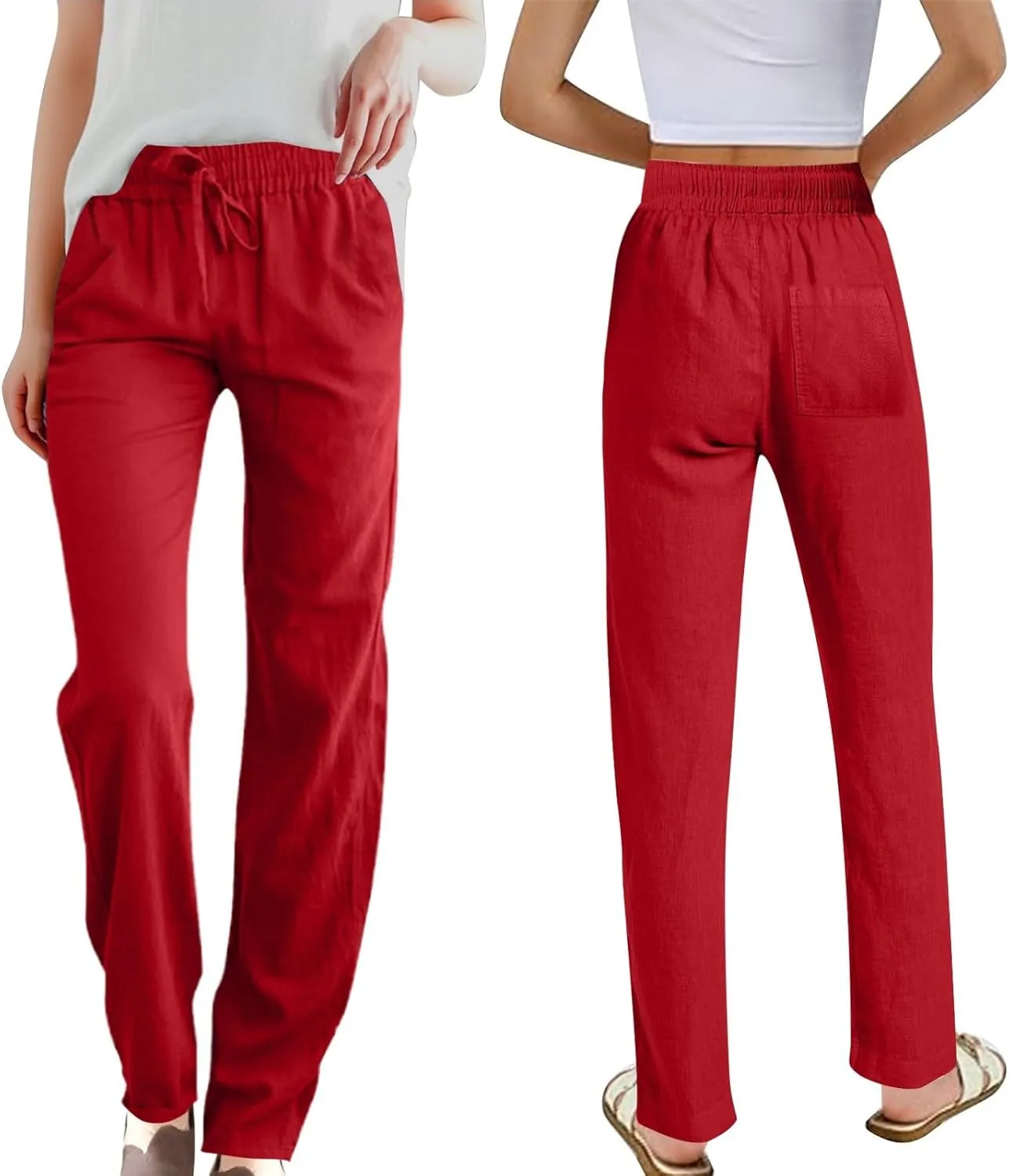 Womens Casual Cotton Linen Pants Summer Lightweight Relax Fit Elastic Waist Solid Lounge Long Trousers