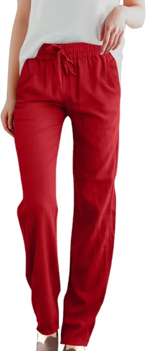 Womens Casual Cotton Linen Pants Summer Lightweight Relax Fit Elastic Waist Solid Lounge Long Trousers
