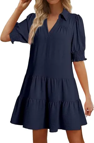 Women's Casual Lapel V-Neck Ruffle Sleeve Pleated Dress Collared Swing Mini Dresses Tiered A Line Dress Trendy
