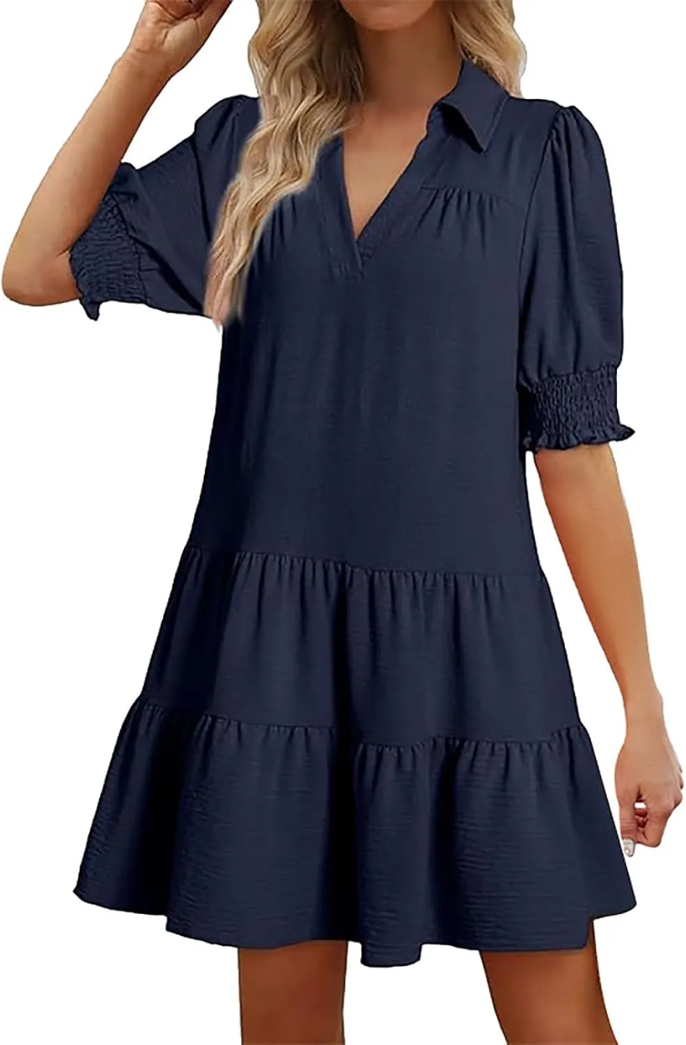 Women's Casual Lapel V-Neck Ruffle Sleeve Pleated Dress Collared Swing Mini Dresses Tiered A Line Dress Trendy