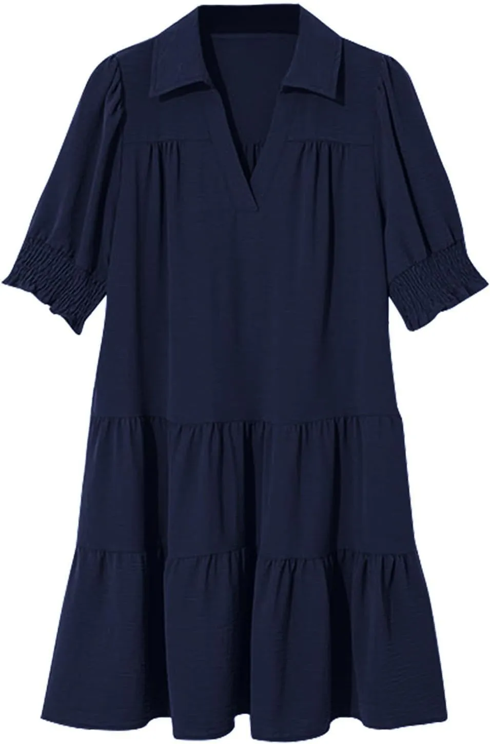 Women's Casual Lapel V-Neck Ruffle Sleeve Pleated Dress Collared Swing Mini Dresses Tiered A Line Dress Trendy