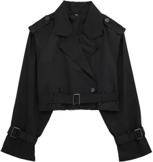 Women's Casual Multicolour Cropped Trench Fashion Coat Lapel Jacket Outwear With Belt