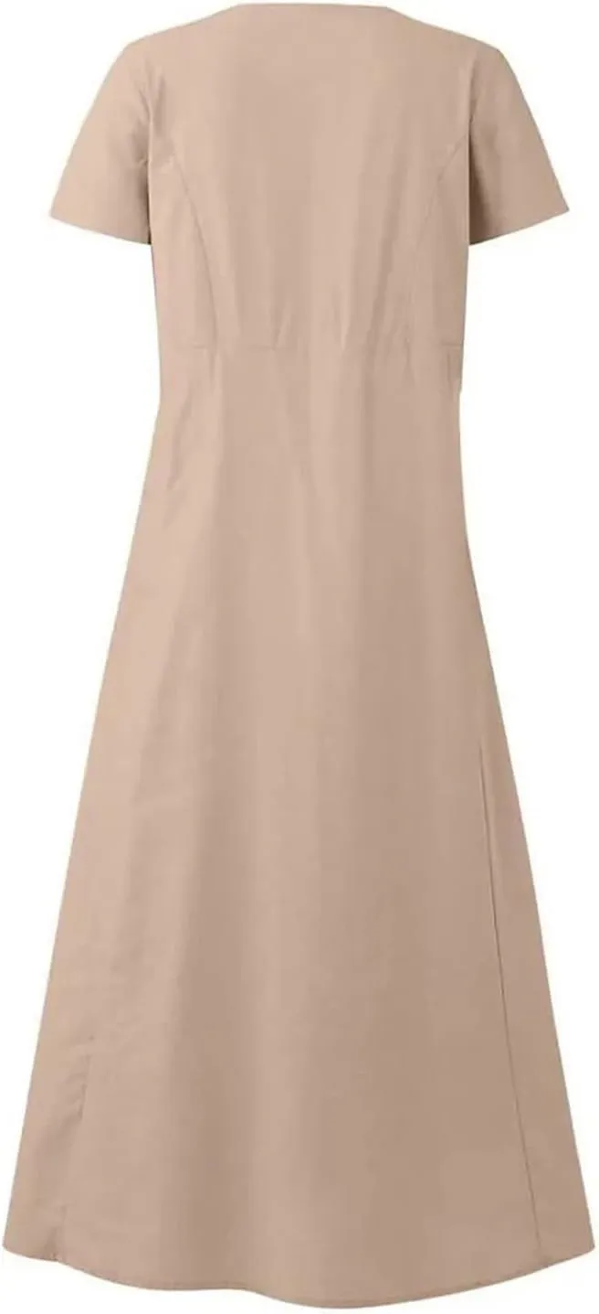 Women's Cotton Linen Dress Summer Midi Dresses Tshirt Dresses with Pockets Solid Color Plain Dress Casual Loose Fitted