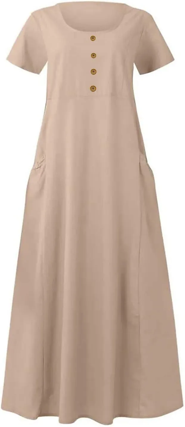 Women's Cotton Linen Dress Summer Midi Dresses Tshirt Dresses with Pockets Solid Color Plain Dress Casual Loose Fitted