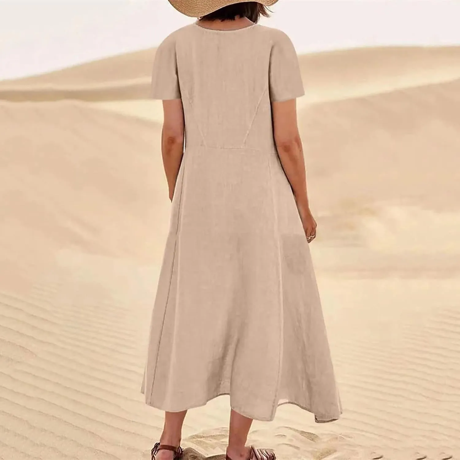 Women's Cotton Linen Dress Summer Midi Dresses Tshirt Dresses with Pockets Solid Color Plain Dress Casual Loose Fitted