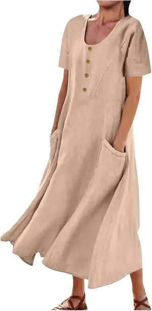 Women's Cotton Linen Dress Summer Midi Dresses Tshirt Dresses with Pockets Solid Color Plain Dress Casual Loose Fitted