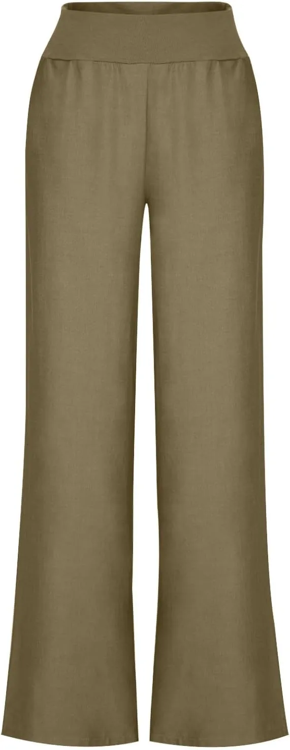 Women's Cotton Linen Palazzo Pants Elastic Waisted Wide Leg Pants with Pockets Summer Beach Trousers Casual Pant