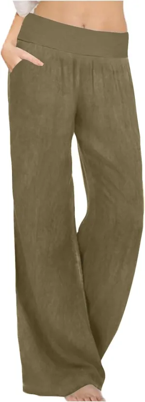 Women's Cotton Linen Palazzo Pants Elastic Waisted Wide Leg Pants with Pockets Summer Beach Trousers Casual Pant