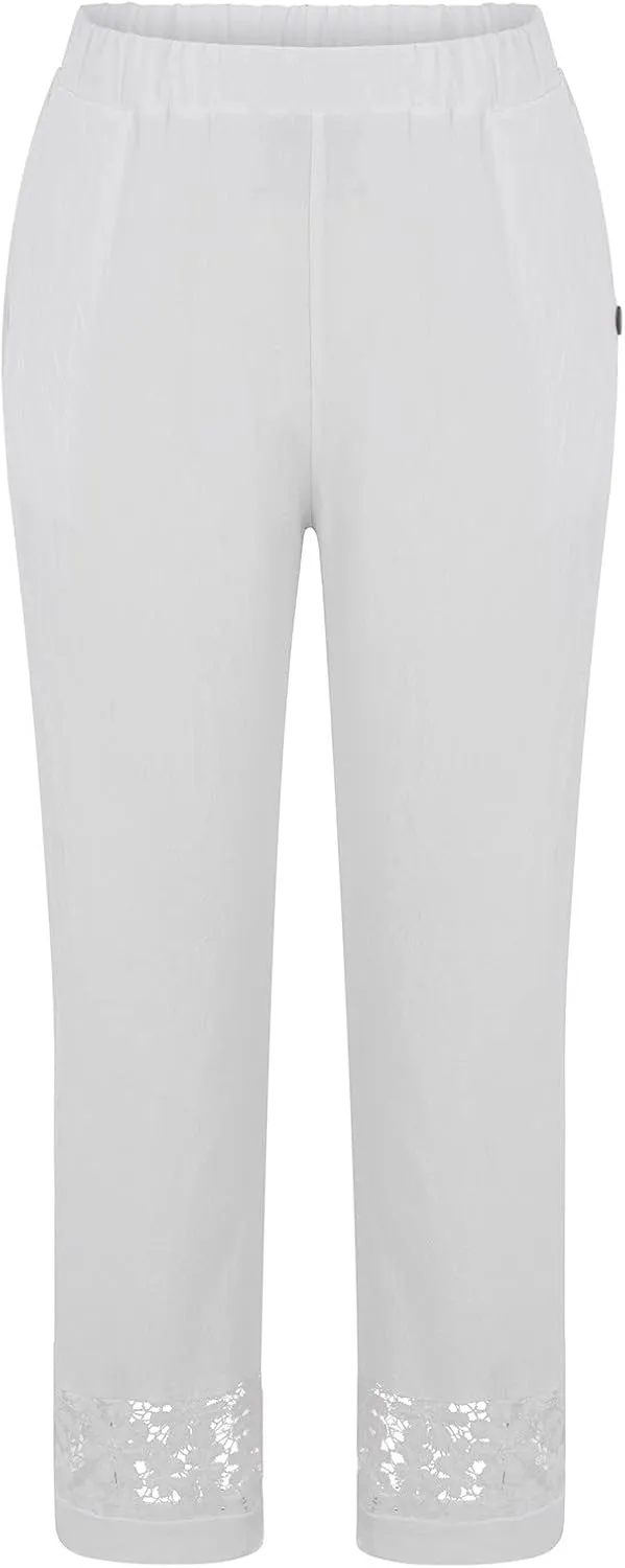Womens Cotton Linen Pants Casual Summer Wide Leg Elastic High Waist Lounge Pants Plus Size Beach Lightweight Trousers