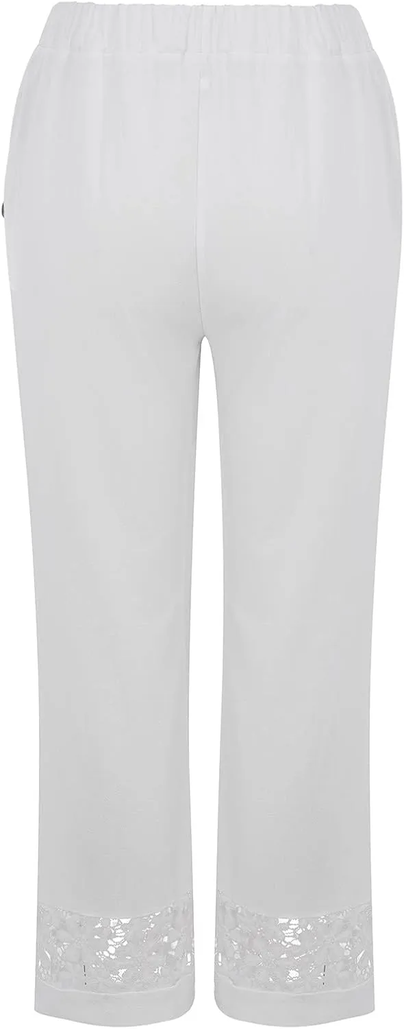 Womens Cotton Linen Pants Casual Summer Wide Leg Elastic High Waist Lounge Pants Plus Size Beach Lightweight Trousers