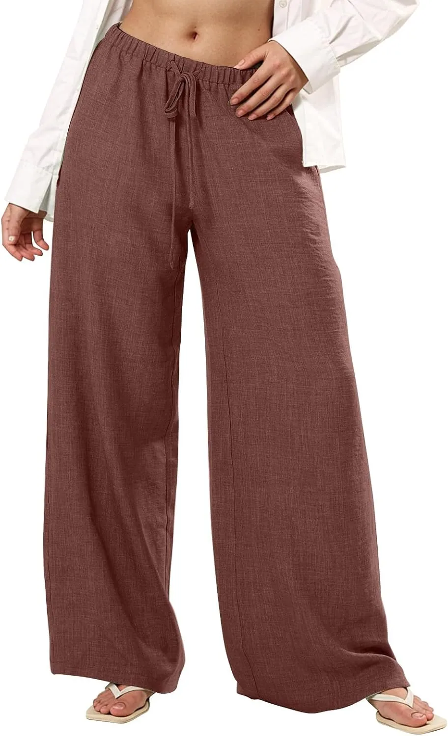 Women's Cotton Linen Pants Palazzo Flowy Wide Leg Drawstring Elastic Waist Casual Yoga Beach Trousers with Pockets