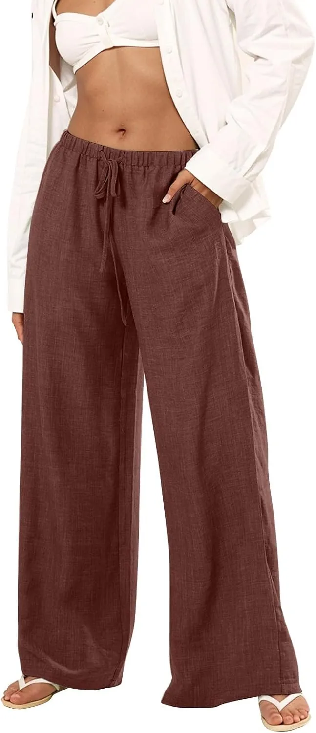 Women's Cotton Linen Pants Palazzo Flowy Wide Leg Drawstring Elastic Waist Casual Yoga Beach Trousers with Pockets