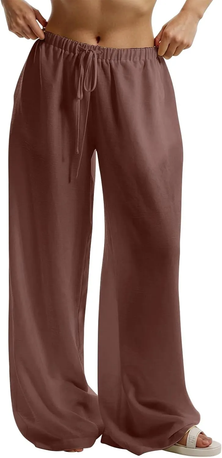 Women's Cotton Linen Pants Palazzo Flowy Wide Leg Drawstring Elastic Waist Casual Yoga Beach Trousers with Pockets