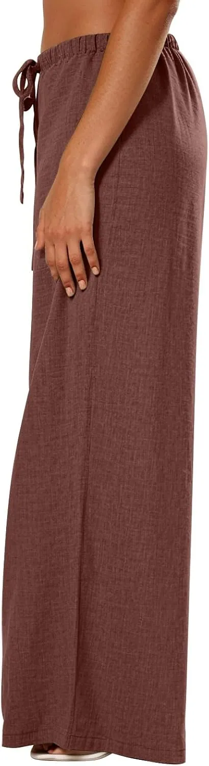 Women's Cotton Linen Pants Palazzo Flowy Wide Leg Drawstring Elastic Waist Casual Yoga Beach Trousers with Pockets