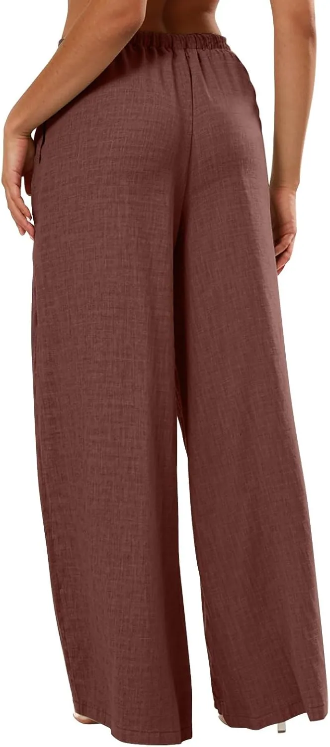 Women's Cotton Linen Pants Palazzo Flowy Wide Leg Drawstring Elastic Waist Casual Yoga Beach Trousers with Pockets
