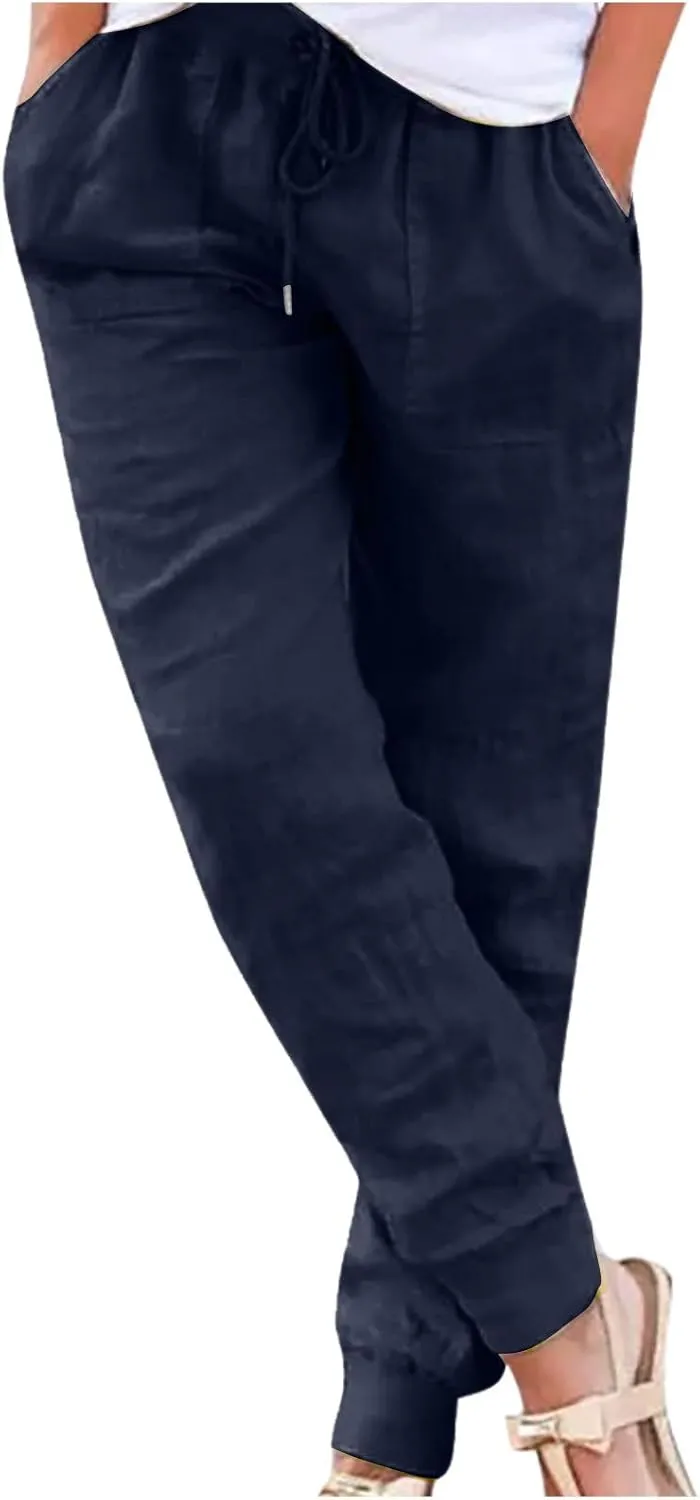 Women's Cotton Linen Summer Cropped Palazzo Pants High Waist Ankle Length Loose Fit Trousers Business Work