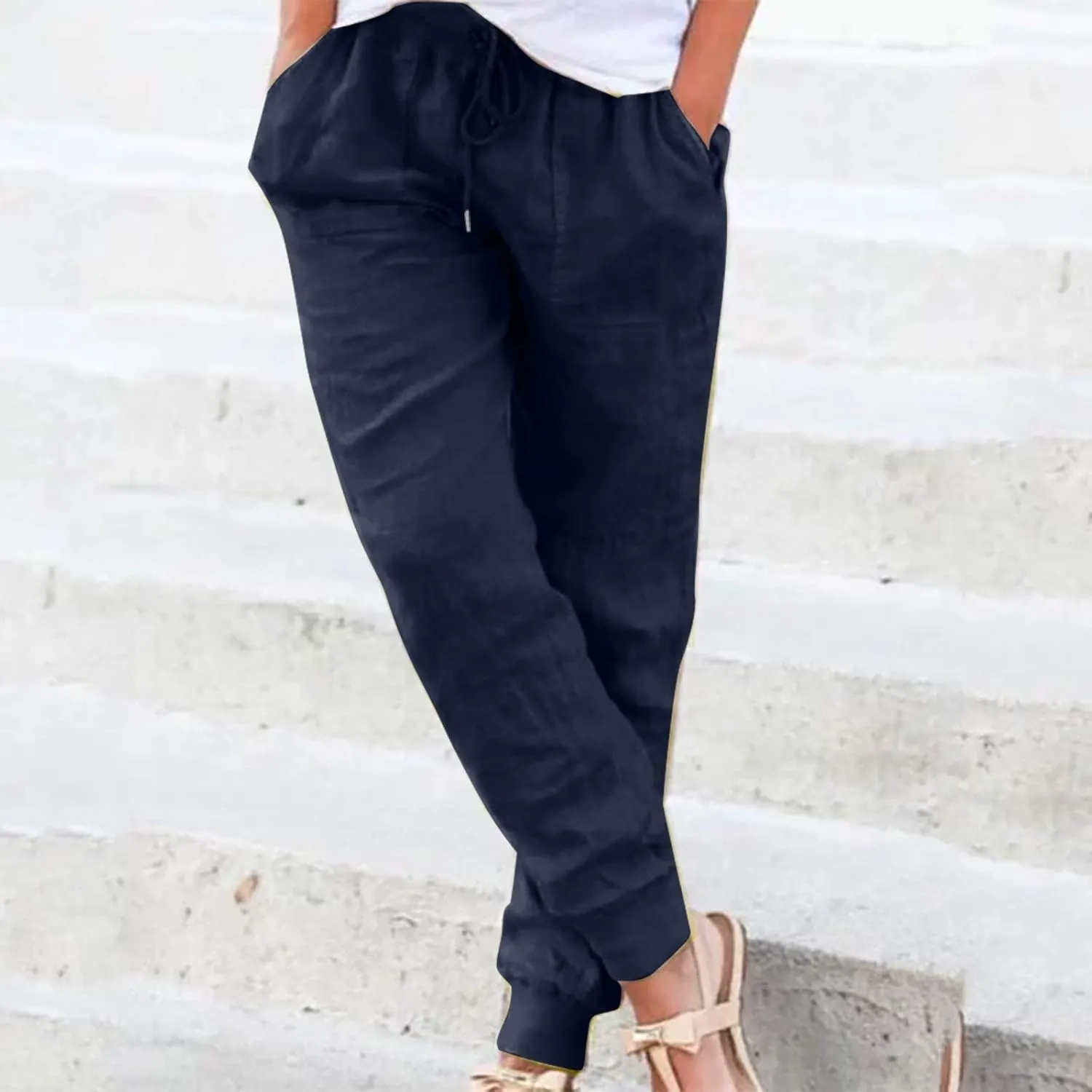 Women's Cotton Linen Summer Cropped Palazzo Pants High Waist Ankle Length Loose Fit Trousers Business Work