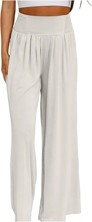 Womens Cotton Linen Summer Fashion Palazzo Pants Elastic Waisted Stretchy Slim Fit Trouser Work Business