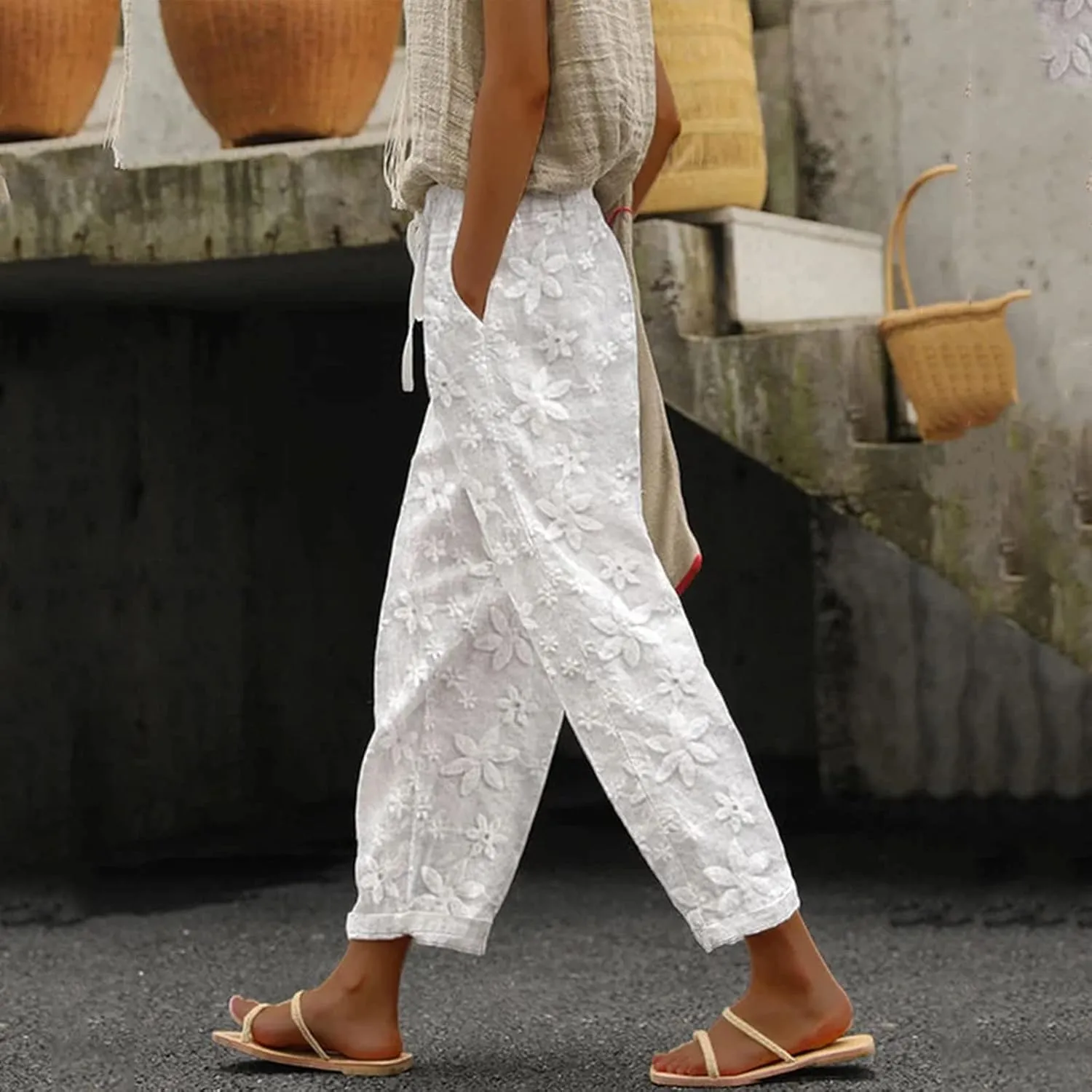 Women's Cotton Linen Trousers Elastic Waist Drawstring Pants Flowers Lace Embroidery Pants Summer Loose Fit Pant