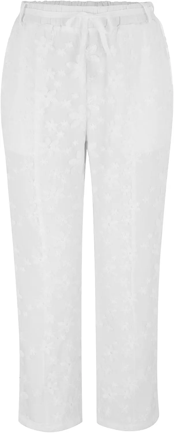 Women's Cotton Linen Trousers Elastic Waist Drawstring Pants Flowers Lace Embroidery Pants Summer Loose Fit Pant