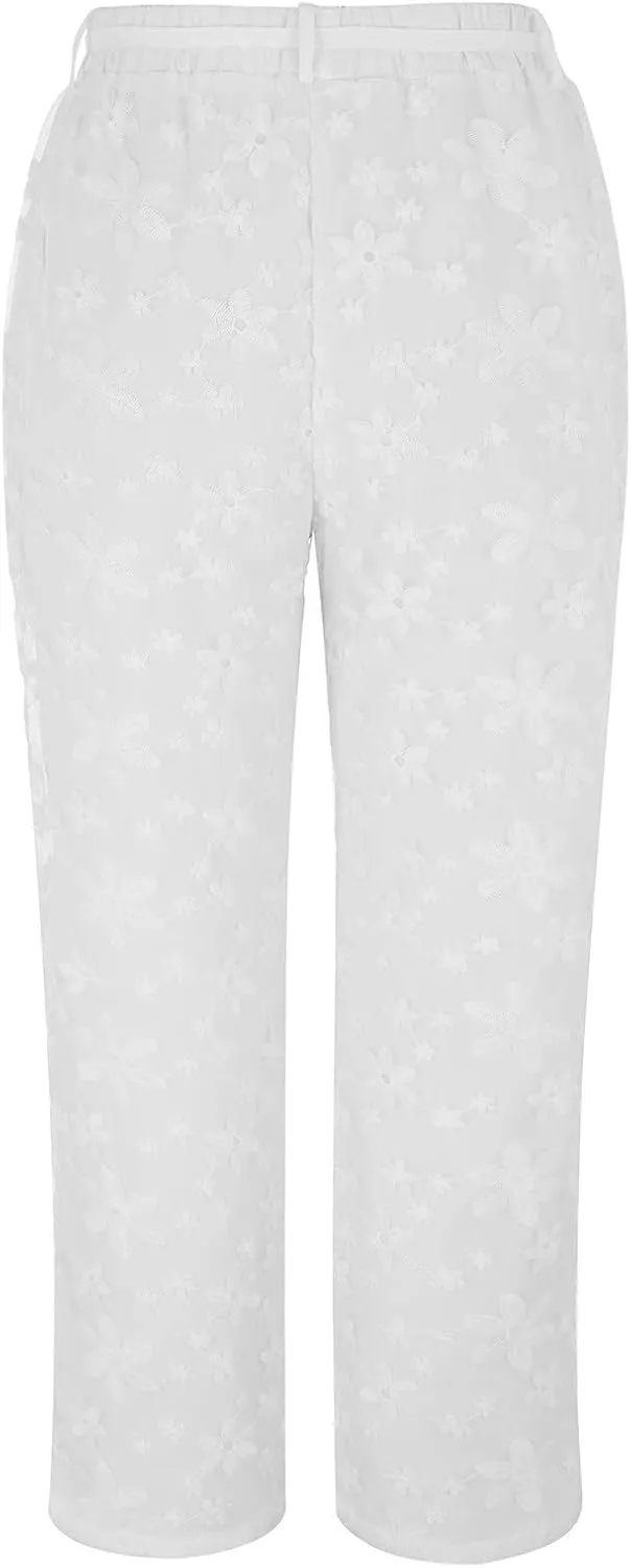 Women's Cotton Linen Trousers Elastic Waist Drawstring Pants Flowers Lace Embroidery Pants Summer Loose Fit Pant