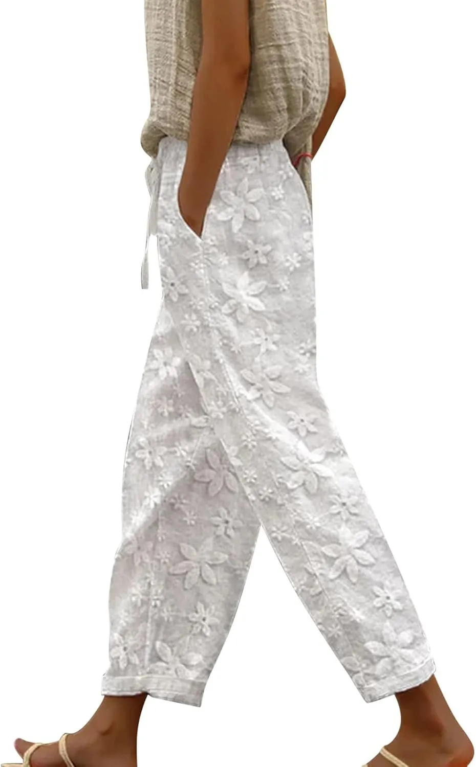 Women's Cotton Linen Trousers Elastic Waist Drawstring Pants Flowers Lace Embroidery Pants Summer Loose Fit Pant