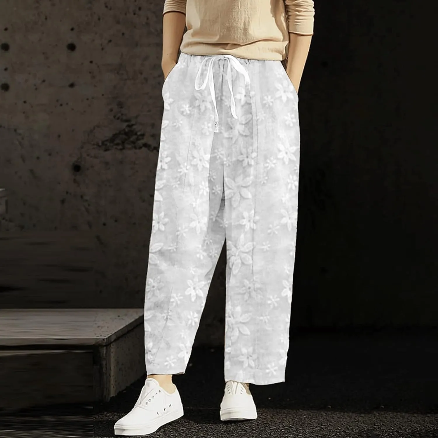 Women's Cotton Linen Trousers Elastic Waist Drawstring Pants Flowers Lace Embroidery Pants Summer Loose Fit Pant