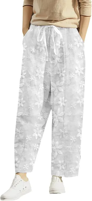 Women's Cotton Linen Trousers Elastic Waist Drawstring Pants Flowers Lace Embroidery Pants Summer Loose Fit Pant
