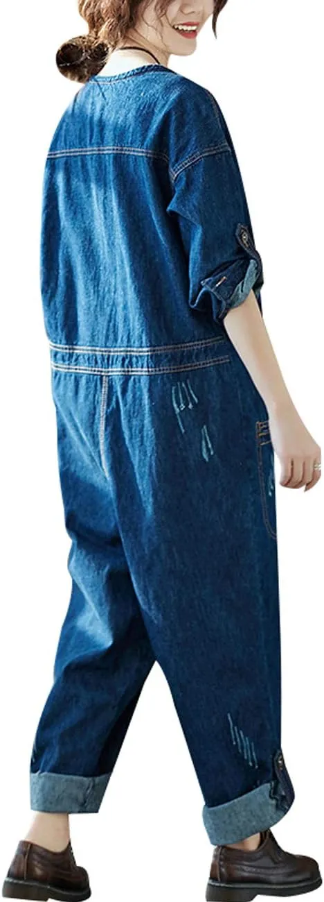 Women's Cotton Wide Leg Jumpsuits Baggy Bibs Overalls Romper Pants