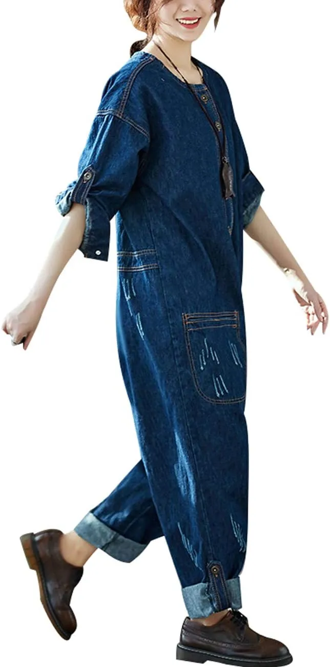 Women's Cotton Wide Leg Jumpsuits Baggy Bibs Overalls Romper Pants