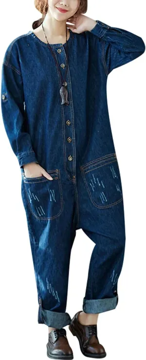 Women's Cotton Wide Leg Jumpsuits Baggy Bibs Overalls Romper Pants