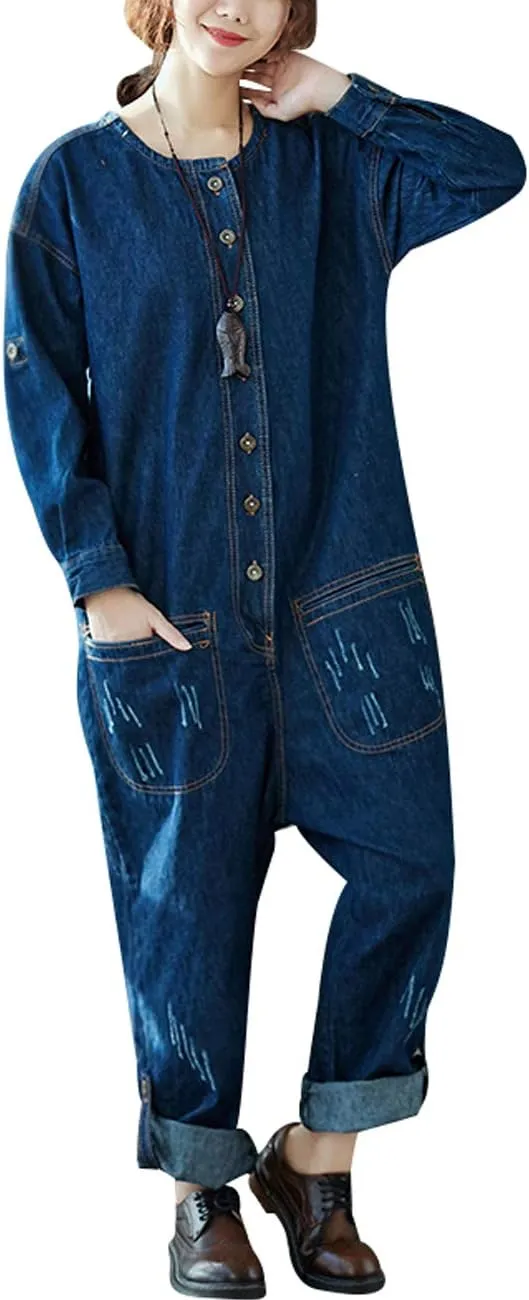 Women's Cotton Wide Leg Jumpsuits Baggy Bibs Overalls Romper Pants