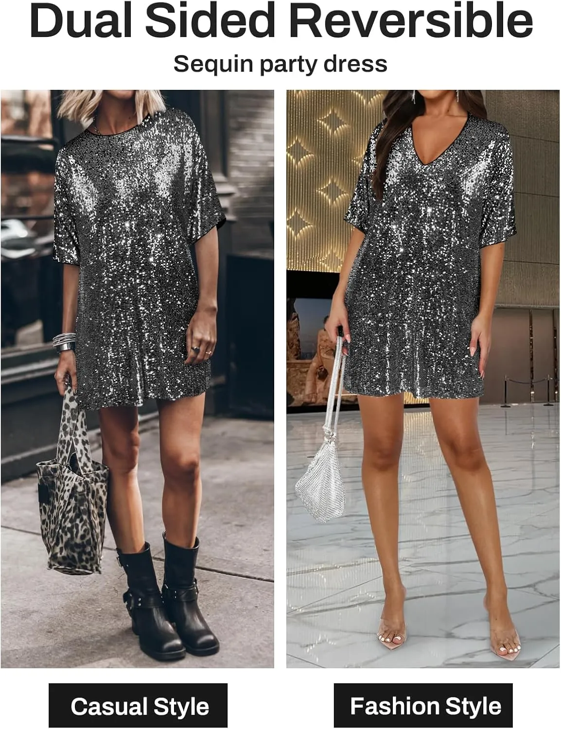 Women's Crew Neck Sequin Dress for Women Sexy V Neck Shirt Dress Sparkly Half Sleeve Loose Party Club Cocktail Dress