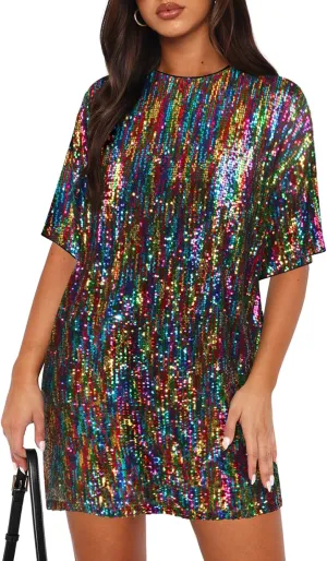 Women's Crew Neck Sequin Dress for Women Sexy V Neck Shirt Dress Sparkly Half Sleeve Loose Party Club Cocktail Dress