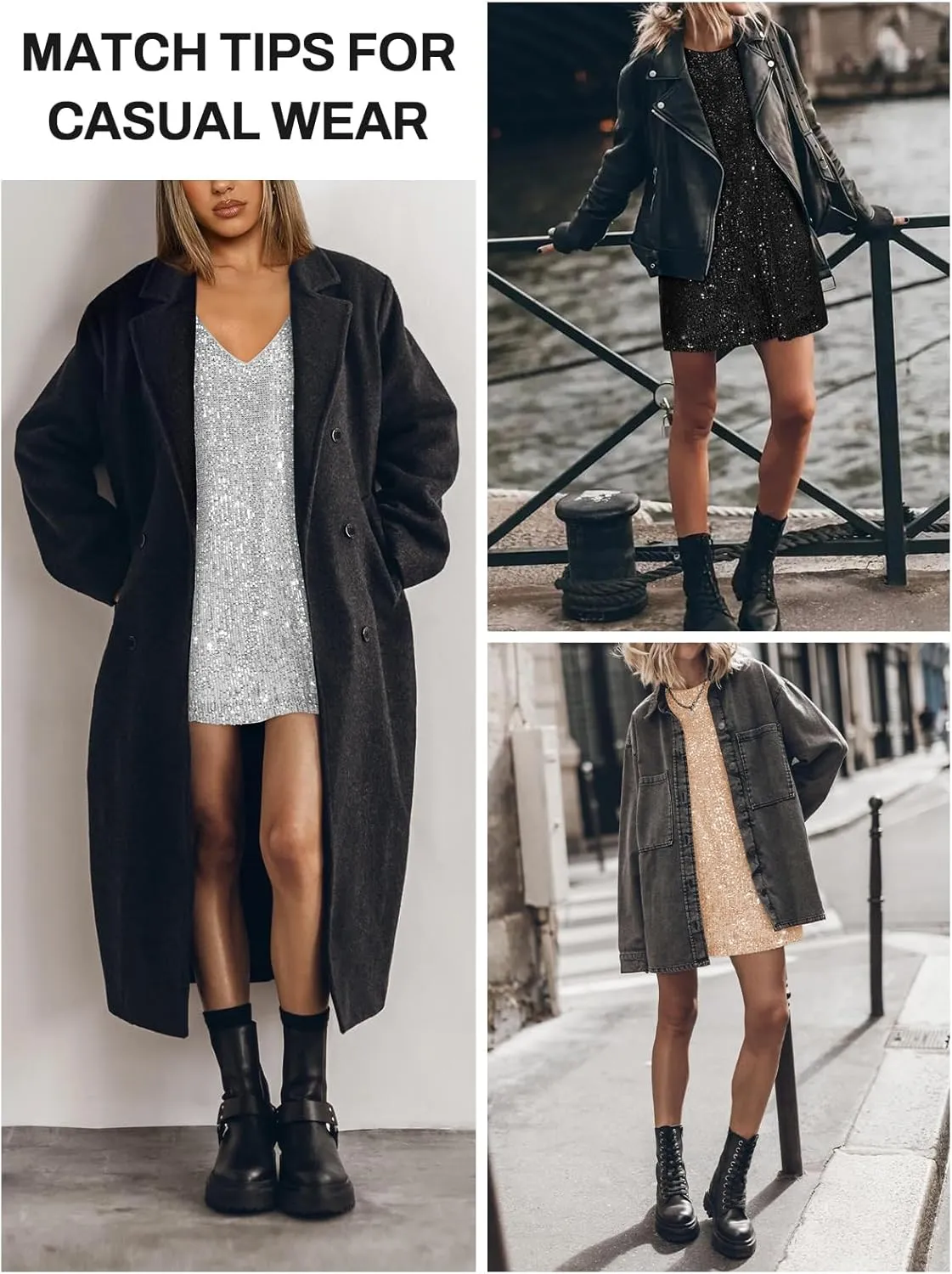Women's Crew Neck Sequin Dress for Women Sexy V Neck Shirt Dress Sparkly Half Sleeve Loose Party Club Cocktail Dress