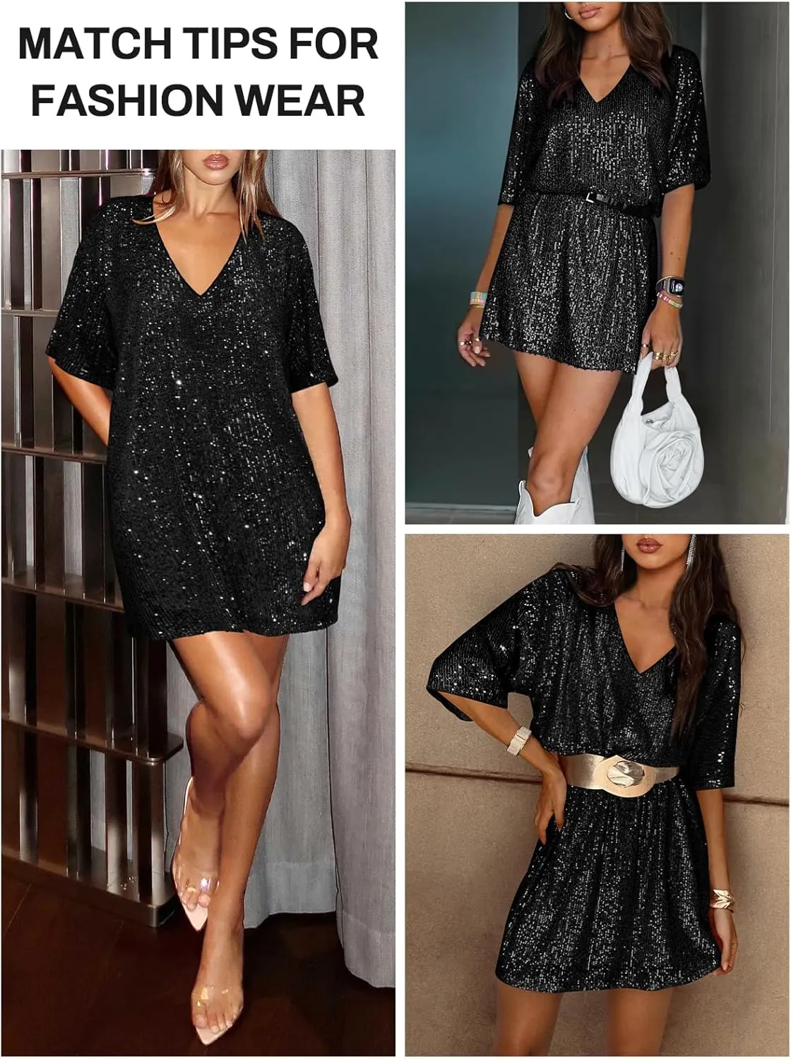 Women's Crew Neck Sequin Dress for Women Sexy V Neck Shirt Dress Sparkly Half Sleeve Loose Party Club Cocktail Dress