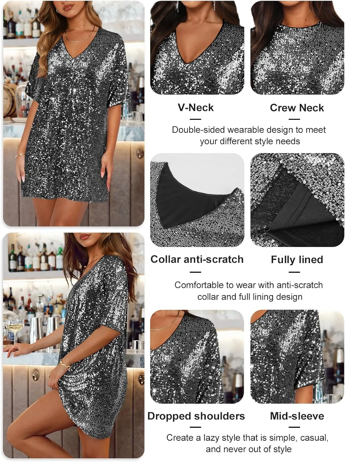 Women's Crew Neck Sequin Dress for Women Sexy V Neck Shirt Dress Sparkly Half Sleeve Loose Party Club Cocktail Dress
