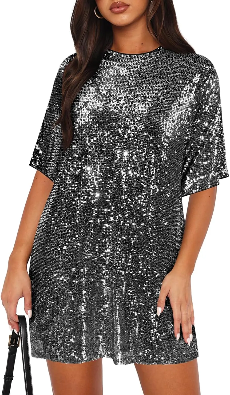 Women's Crew Neck Sequin Dress for Women Sexy V Neck Shirt Dress Sparkly Half Sleeve Loose Party Club Cocktail Dress