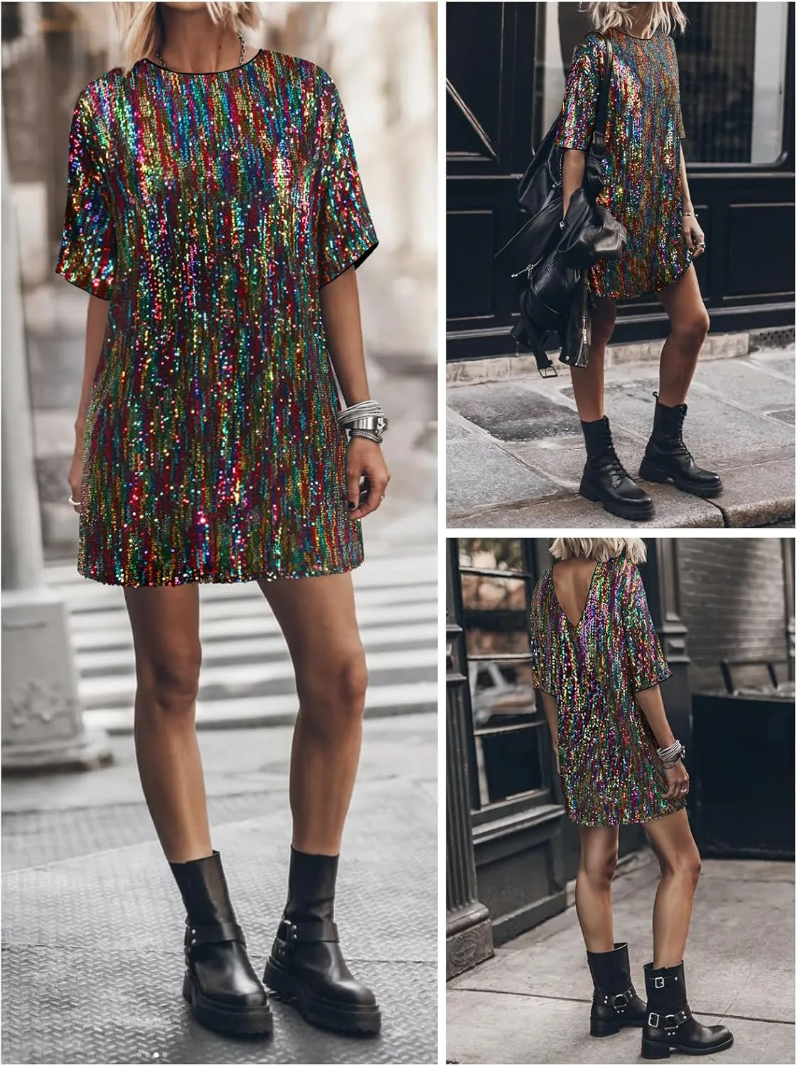 Women's Crew Neck Sequin Dress for Women Sexy V Neck Shirt Dress Sparkly Half Sleeve Loose Party Club Cocktail Dress