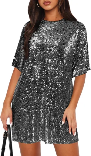 Women's Crew Neck Sequin Dress for Women Sexy V Neck Shirt Dress Sparkly Half Sleeve Loose Party Club Cocktail Dress