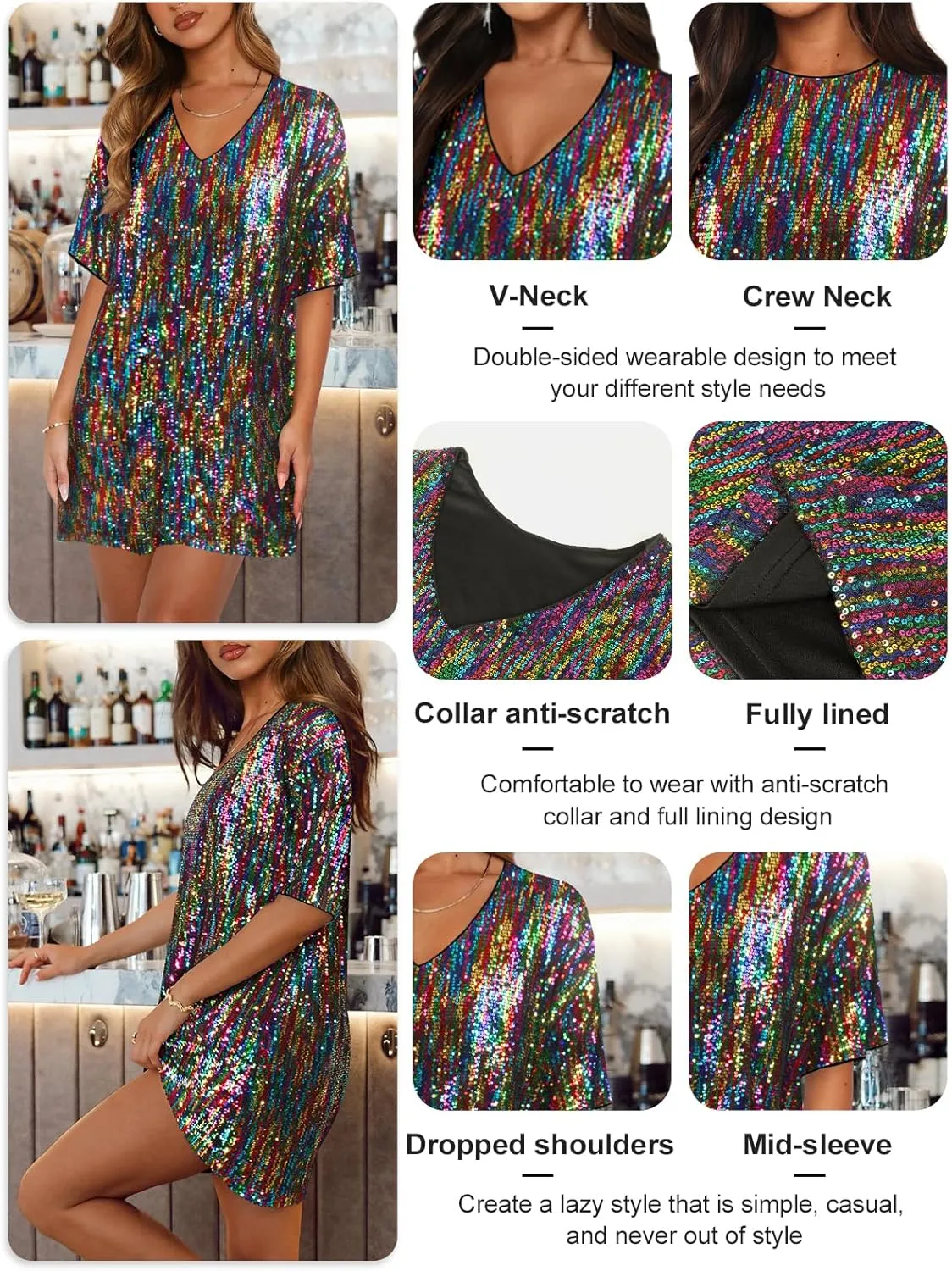 Women's Crew Neck Sequin Dress for Women Sexy V Neck Shirt Dress Sparkly Half Sleeve Loose Party Club Cocktail Dress