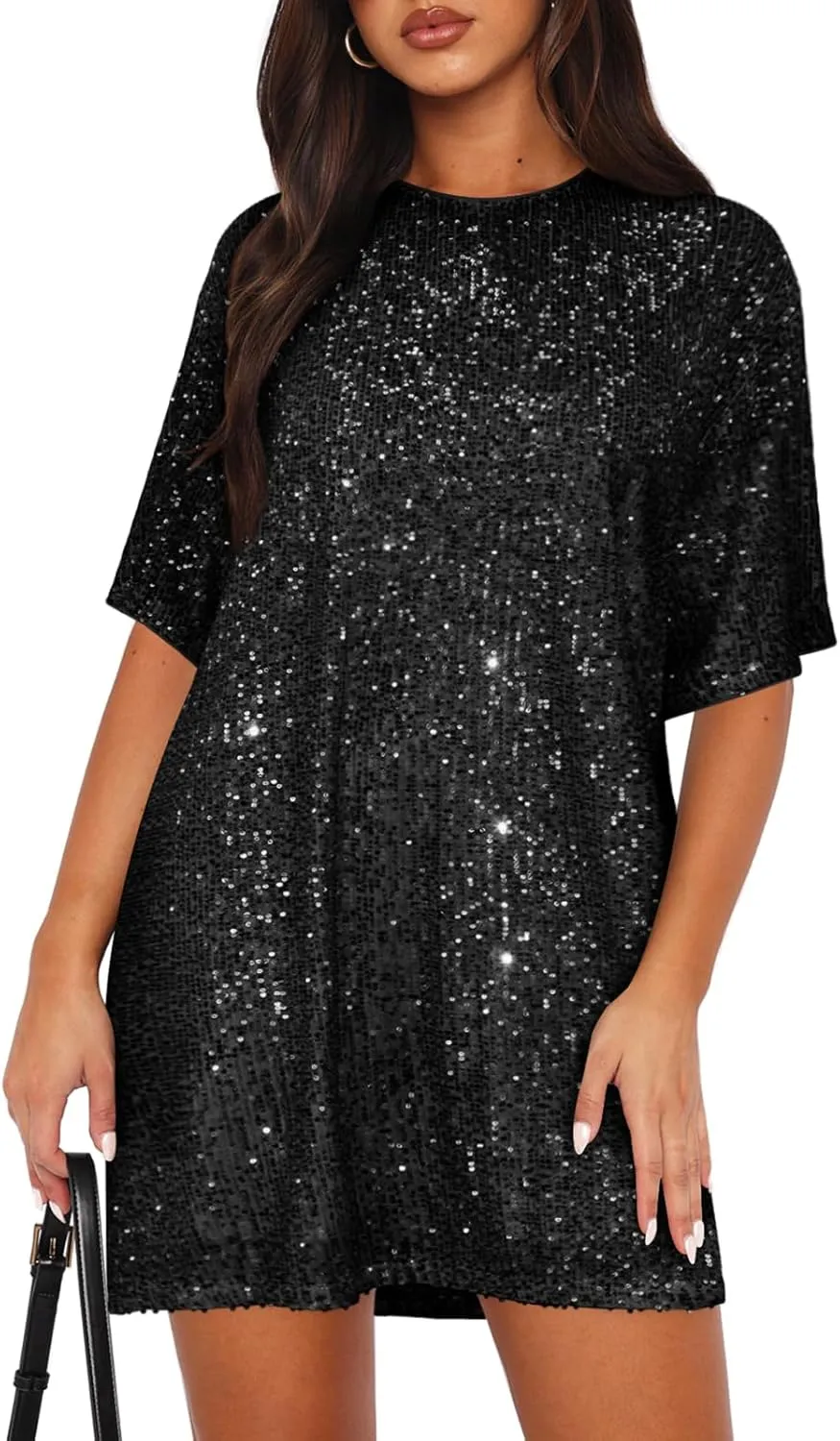 Women's Crew Neck Sequin Dress for Women Sexy V Neck Shirt Dress Sparkly Half Sleeve Loose Party Club Cocktail Dress