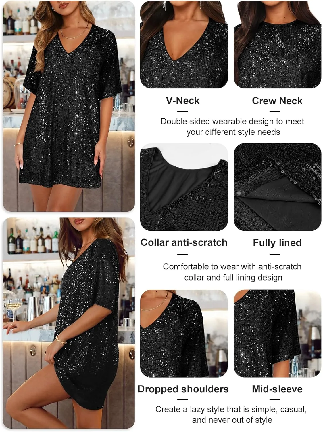 Women's Crew Neck Sequin Dress for Women Sexy V Neck Shirt Dress Sparkly Half Sleeve Loose Party Club Cocktail Dress