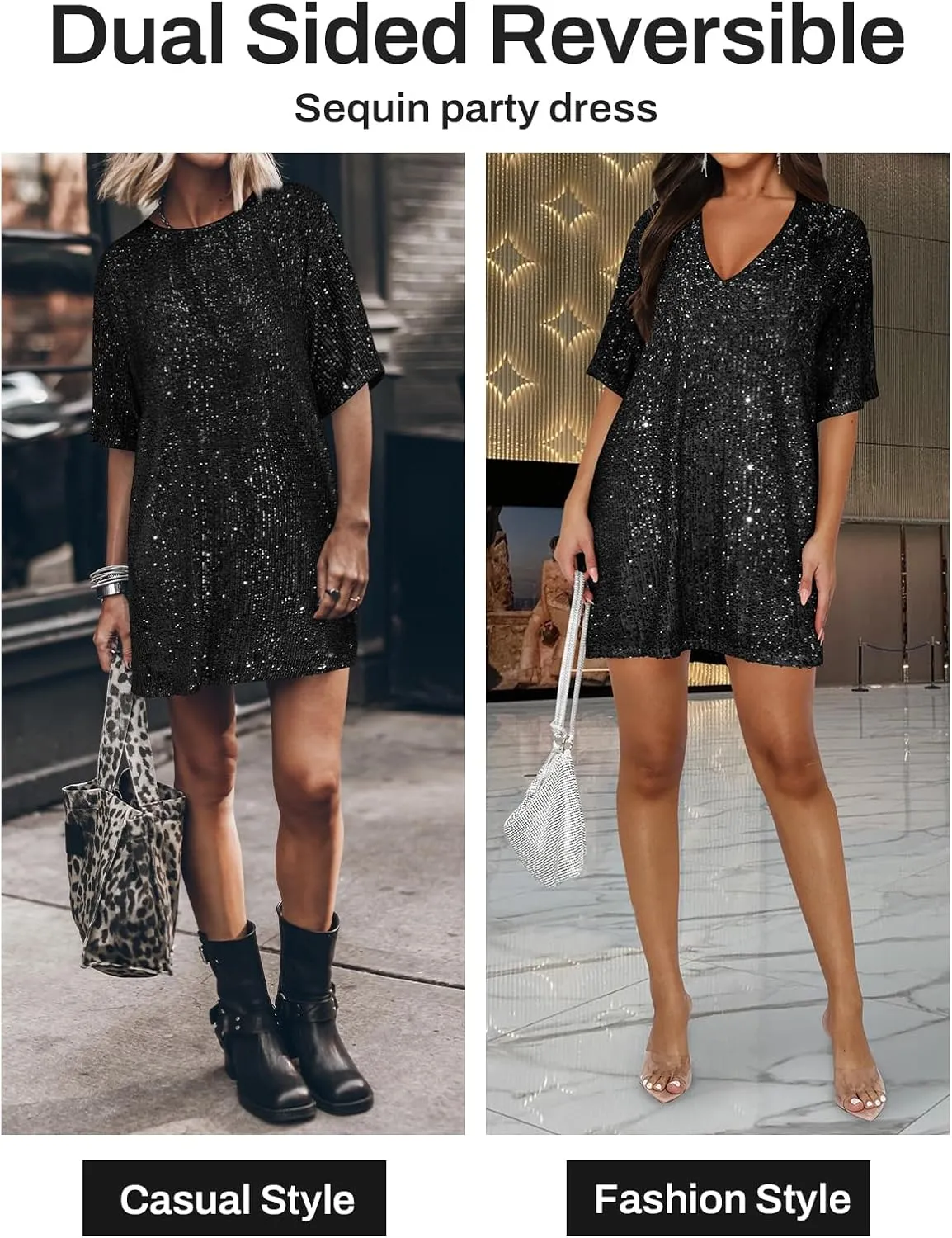 Women's Crew Neck Sequin Dress for Women Sexy V Neck Shirt Dress Sparkly Half Sleeve Loose Party Club Cocktail Dress