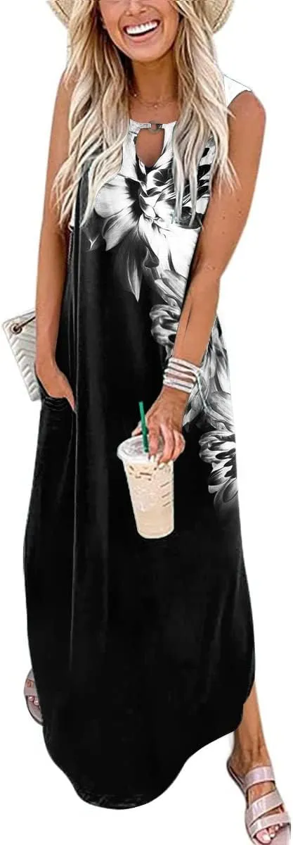 Womens Dresses Sleeveless Casual Loose Long Maxi Summer Beach Cover Ups Sun Boho Dress Split with Pockets